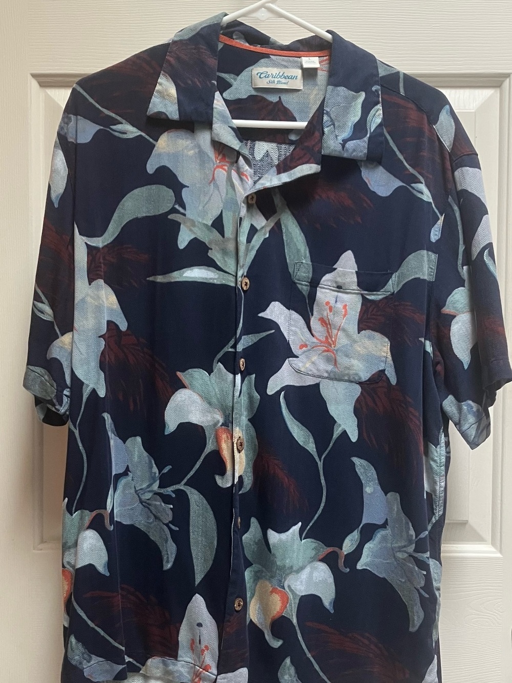 Caribbean Navy Floral Button-Down Shirt with Light Blue and Brown Accents
